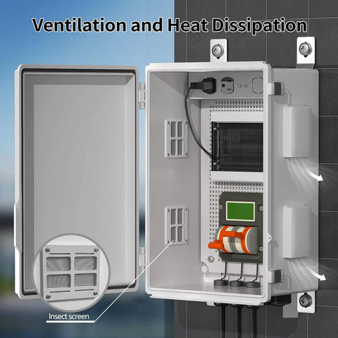 Rugged Outdoor Electrical Enclosure Box With Ventilated Design Waterproof ABS Cabinet Junction Box mounted on wall showing open door and interior components.
