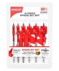Diablo 6-piece spade bit set for wood; red bits in clear plastic case, front view