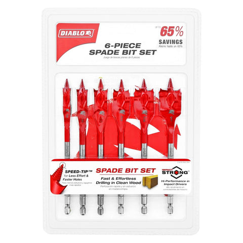 Diablo 6-piece spade bit set for wood; red bits in clear plastic case, front view