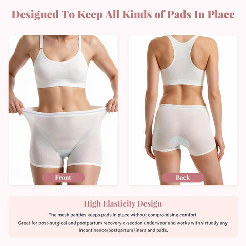 No Cap This Postpartum Recovery Maternity Underwear Is A Heckin Solid C Section Safe High Waist Breathable Mesh Panty Set shown front and back views. High elastic mesh material.