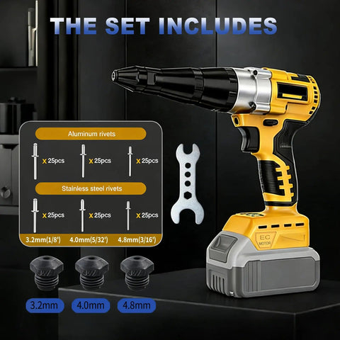 Heavy Duty Brushless Cordless Rivet Gun Compatible With DeWalt 20V Battery, aluminum and stainless steel rivets included.