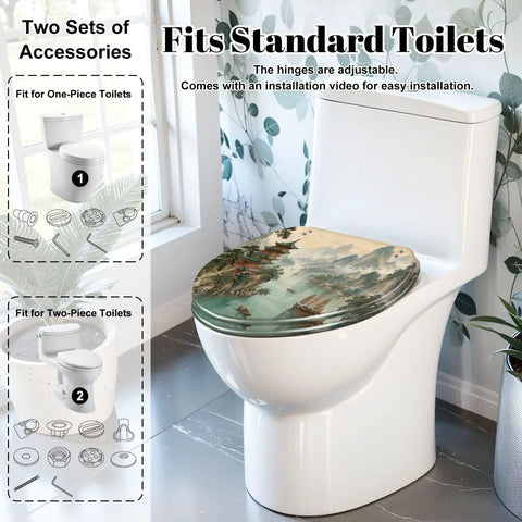 Elongated Traditional Chinoiserie Landscape Pagoda River Toilet Seat on standard toilet with adjustable hinges and accessories.