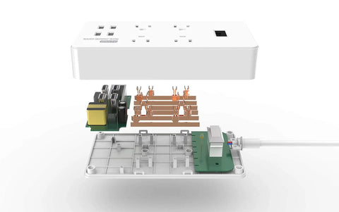 Exploded view of Eight International Adapters Travel Charging Station with Surge Protector and Four Smart USB Ports showing internal components.