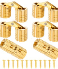 Image of six 8 mm hidden brass hinges with 24 screws for concealed cabinet hardware, 180 degree opening, ideal for DIY projects.