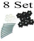 Eight Piece T Track Knobs Kit With Hex Head Nuts Full Thread Bolts And Washers For Quick Clamps Works With Standard One Quarter Inch Bolt Heads Fits Material Up To Two And A Half Inches Thick Great For DIY Projects And Shop Upgrades, image shows 8 black knobs, bolts, washers arranged on white background.