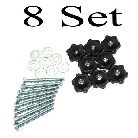 Eight Piece T Track Knobs Kit With Hex Head Nuts Full Thread Bolts And Washers For Quick Clamps Works With Standard One Quarter Inch Bolt Heads Fits Material Up To Two And A Half Inches Thick Great For DIY Projects And Shop Upgrades, image shows 8 black knobs, bolts, washers arranged on white background.