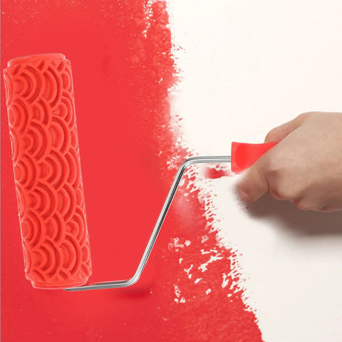 Rubber Texture Paint Roller For Easy Peasy Wall Embossing And Quick Home Reno Makeovers That Deck Out Your Space With Knockout Decorative Finishes And Zero Stress, red rubber roller applying paint.