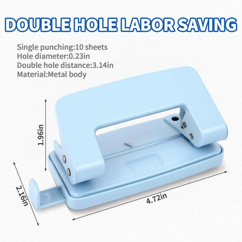 Two-Hole Paper Puncher With Adjustable Guide and Labor-Saving Handle, Heavy-Duty 5-Sheet Capacity Office Punch, blue metal