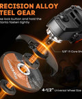 Close-up of 4 1/2 Inch Angle Grinder 850W 11,000 RPM High Torque Electric Grinder With Auxiliary Handle showing steel gear and core shaft.