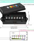 Heavy Duty 2 Pack 7 Pin Trailer Junction Box with dimensions, tough weather-sealed housing for RV and boat use.