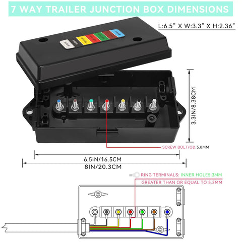 Heavy Duty 2 Pack 7 Pin Trailer Junction Box with dimensions, tough weather-sealed housing for RV and boat use.