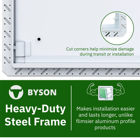 Sweet Slick 12X12 Drywall Access Panel With Heavy Duty Steel Frame and No Sweat Mudflange showing cut corner detail for easy installation.
