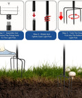 Assembly instructions for sturdy metal string light poles 2 pack for outdoor use, featuring a forked base setup in soil.