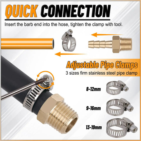 Image showing Brass Hose Barb Fittings Kit With 32 Pieces And 46 Clamps For Water Fuel And Air Lines Includes Ten Barb Sizes