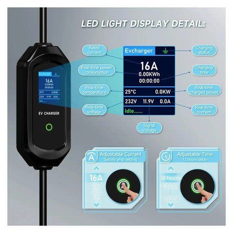 LED display detail of Rugged Portable 3.5KW EV Charger Type 1 To Type 2 Electric Vehicle Fast Charge Cable with adjustable settings.