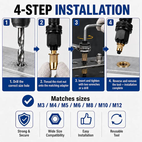 Rivet Nut Tool Kit 77 Piece Kit With 70 Rivet Nuts M3 To M12 And 7 Mandrel Adapters For Quick Auto Body Metal Fabrication DIY Projects Pro Grade Durable Metal Construction With Black Oxide Coating Rust Resistant. 4-step installation guide for M3-M12 rivet nuts