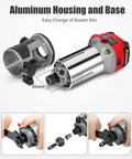 Beefy Compact Wood Router With 6.5 Amp 1.25 HP Power, Fixed Base, 65mm shaft, red housing, and accessory details shown.