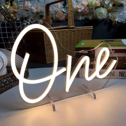 One Year Old Birthday Neon Sign LED Light for Party Vibes Table Decor USB Powered Flexible Silicone Neon With Acrylic Backplate Waterproof Low Energy Lamp for Wedding Home Bedroom Decor 28.8 by 19.6 cm