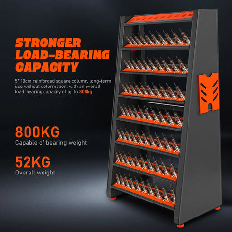 Heavy Duty CNC Tool Holder Rack Storage Organizer With Eight Row Metal Shelf for workshop garage shed and screwdriver storage.