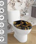 Elongated Resin Toilet Seat for Bathroom with black and gold marbled design on a white toilet, ergonomic and easy to clean.