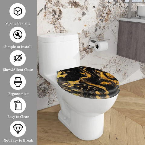 Elongated Resin Toilet Seat for Bathroom with black and gold marbled design on a white toilet, ergonomic and easy to clean.