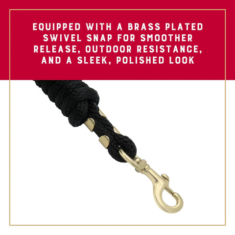 Close-up of brass snap on black poly lead rope for horses eight feet long five eighth inch thick with soft feel.
