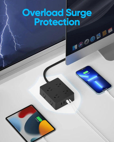 12 In 1 Flat Plug Power Strip With 8 Outlets, 3 USB A Ports And 1 USB C Port, 5Ft Ultra Thin Flat Extension Cord on desk