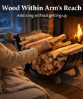 Person using Built Tough Heavy Duty Metal Firewood Rack For Indoor And Outdoor Use With 24 Inch Large Capacity Arc Shape Design