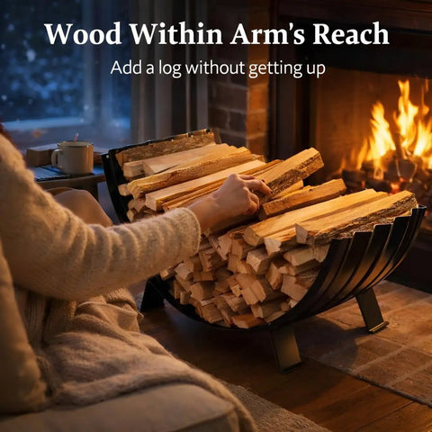 Person using Built Tough Heavy Duty Metal Firewood Rack For Indoor And Outdoor Use With 24 Inch Large Capacity Arc Shape Design