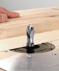 Pro Grade Extra Long Compression Flush Trim Router Bit With One Quarter Inch Shank And One Half Inch Cutting Diameter One And A Quarter Inch Cutting Length Spiral Pattern Template Router Bit For CNC Woodworking Edge Trimming in use on router table trimming wood edge