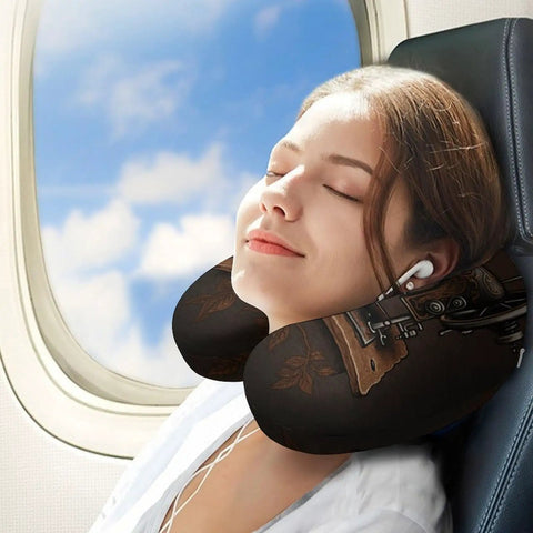 Passenger using Rose Memory Foam Travel Neck Pillow U Shape with zippered cover on a plane