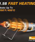 Graphic showing Compact 380W Mini Heat Gun With Two Modes 450 C And 250 C Delivers Quick Heat Up In About 1.5 Seconds, 6.8 Ft Cable