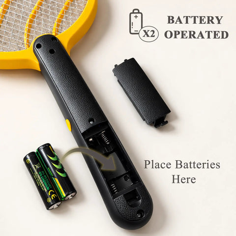 Next Level Handheld Bug Zapper Racket With Batteries Included, showcasing battery compartment and included AA batteries