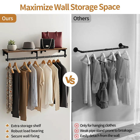 Heavy Duty Wall Mount Clothes Rack Featuring A Solid Wood Top Shelf And Rust Free Steel Framing for efficient storage with hats and bags.