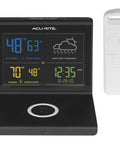 Front view of Weather Forecaster Alarm Clock With Wireless Qi Charging Pad, displaying temperature and humidity on illuminated LCD.