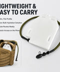 50oz Hydration Bladder Water Reservoir For Outdoors showing slim design and modular webbing attachment in tan backpack.