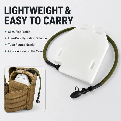 50oz Hydration Bladder Water Reservoir For Outdoors showing slim design and modular webbing attachment in tan backpack.