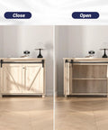 Mini Bifold Barn Door Hardware Kit 48 Inch Sliding Track For Closet And Cabinet installed on a wooden cabinet, open and closed view