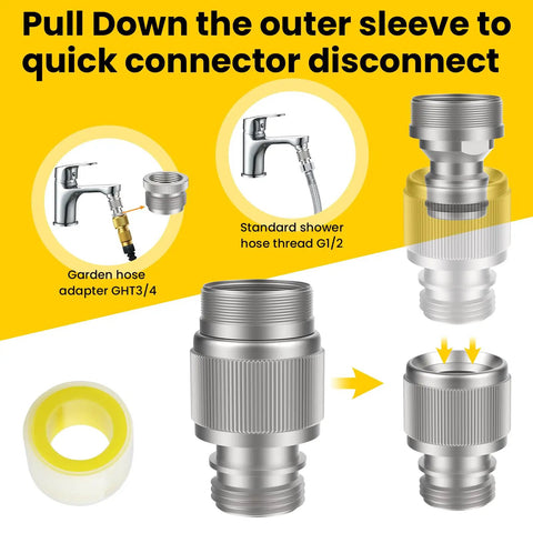 Quick Connect Sink Faucet Adapter For Shower And Garden Hose Chrome Brass Connector Kit, close-up of connector components.