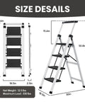 4 Step Folding Aluminum Ladder With Retractable Handrail, Lightweight 12.5 Lb Step Stool, Heavy Duty Up To 330 Lb, Grab And Go Portable Home Garage Reach Tool, Extends To 50.5 Inches, Folds Slim For Easy Storage, size details shown