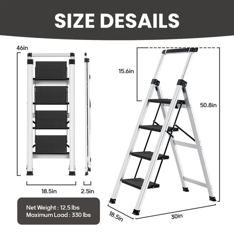 4 Step Folding Aluminum Ladder With Retractable Handrail, Lightweight 12.5 Lb Step Stool, Heavy Duty Up To 330 Lb, Grab And Go Portable Home Garage Reach Tool, Extends To 50.5 Inches, Folds Slim For Easy Storage, size details shown