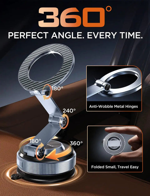 Magnetic Car Phone Holder With 360 Degree Adjustable Foldable Mount Nano Gel Base And Vacuum Lock Zinc Alloy Carbon Fiber
