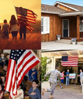 People holding Heavy Duty Outdoor US Flag 2.5x4 Ft With Embroidered Stars And Sewn Stripes, home display, classrooms, and military homecoming.