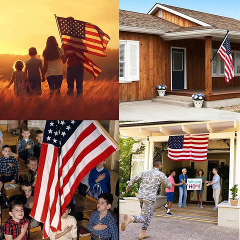 People holding Heavy Duty Outdoor US Flag 2.5x4 Ft With Embroidered Stars And Sewn Stripes, home display, classrooms, and military homecoming.