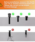 Universal TV Mount Hardware Screw Kit With M4 M5 M6 M8 Bolts Washers And Spacers For Flat Displays Up To Eighty Inches installation guide showing correct and incorrect screw lengths.