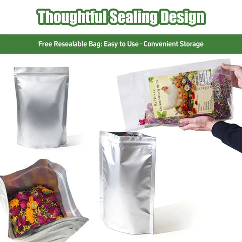 Chicken Nesting Herbs 42oz Bulk Bag for Laying Boost and Cozy Hens, Lavender Rose Marigold Scent, resealable silver bag design
