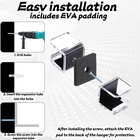 Easy installation guide for 2 Pack Hockey Stick Wall Mount Rack Duo with clear acrylic finish, screws, and EVA padding.