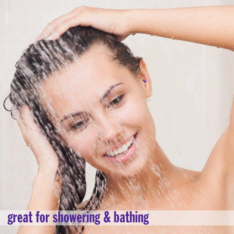 Person using AquaBlock Silicone Ear Plugs For Swimming 2 Pair Waterproof Reusable Ear Protection in shower.