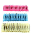 Color coded heat shrink connectors in pink, blue, and yellow for waterproof auto repair from Hella Reliable Heat Shrink Wire Connectors And Electrical Terminals Assortment Kit With Flame Retardant Insulated Sleeves For Waterproof Auto Repair And Diy Wire Splicing Projects Including A Full 300 Piece Pack.