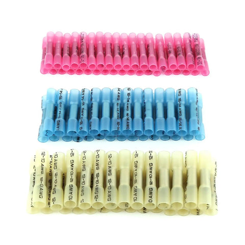 Color coded heat shrink connectors in pink, blue, and yellow for waterproof auto repair from Hella Reliable Heat Shrink Wire Connectors And Electrical Terminals Assortment Kit With Flame Retardant Insulated Sleeves For Waterproof Auto Repair And Diy Wire Splicing Projects Including A Full 300 Piece Pack.
